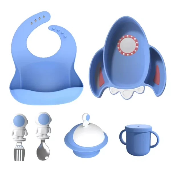 Silicone Baby Feeding Set: Bib, Divided Plate, Bowl, Cup, Spoon & Fork