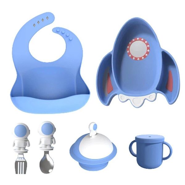 Silicone Baby Feeding Set: Bib, Divided Plate, Bowl, Cup, Spoon & Fork - Image 2